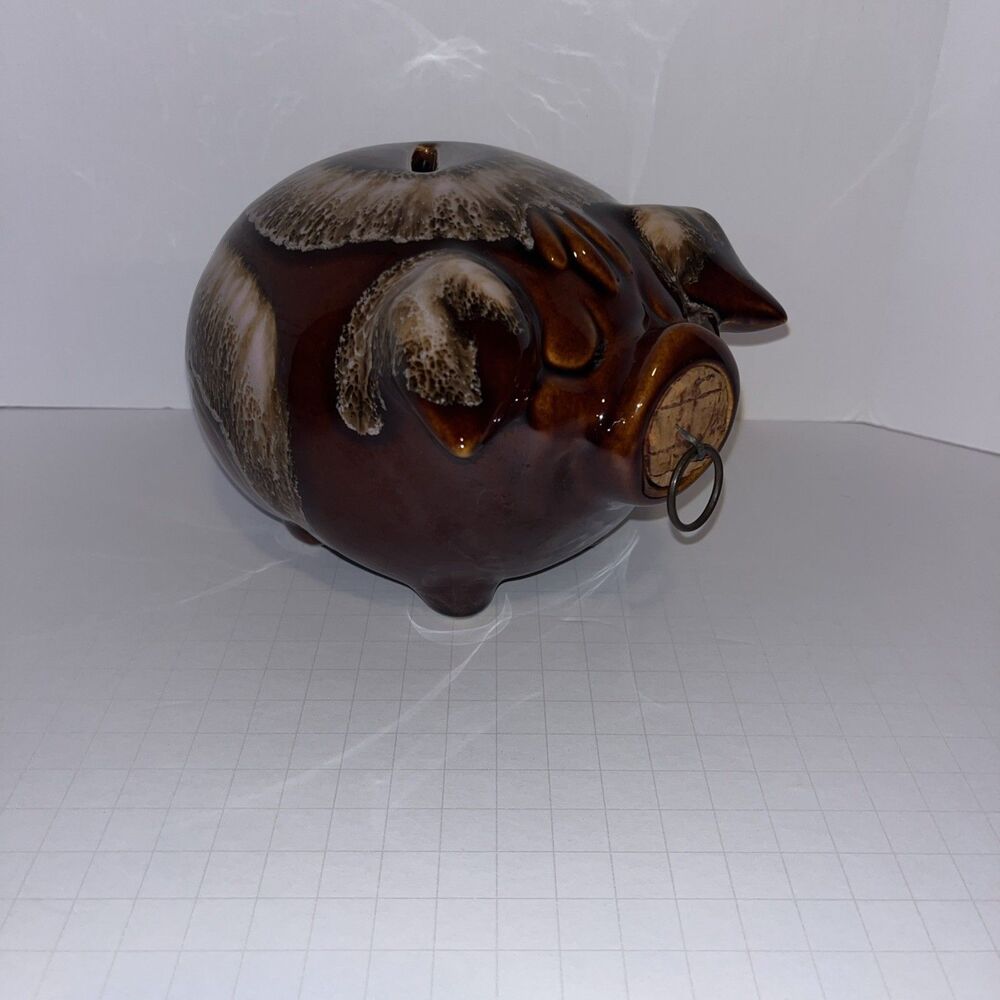 Vintage 1957 Hull Pottery HP CO Corky Pig Ceramic Piggy Bank 4.5" High Brown